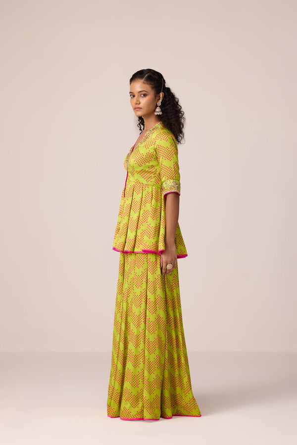 Bright green bandhni printed and embroidered top sharara set