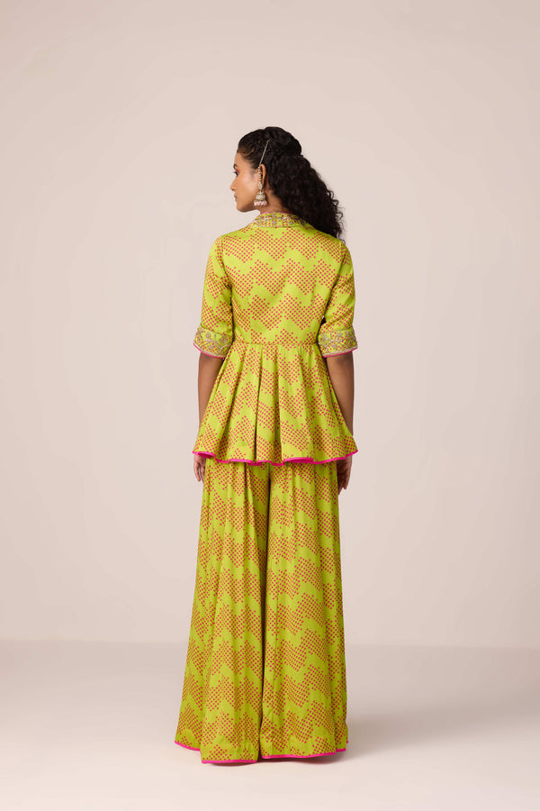 Bright green bandhni printed and embroidered top sharara set