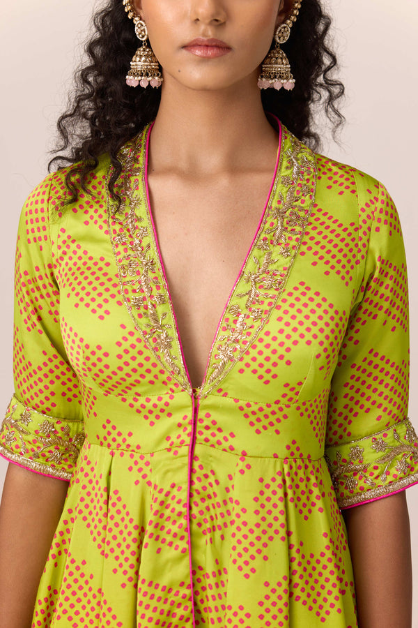 Bright green bandhni printed and embroidered top sharara set