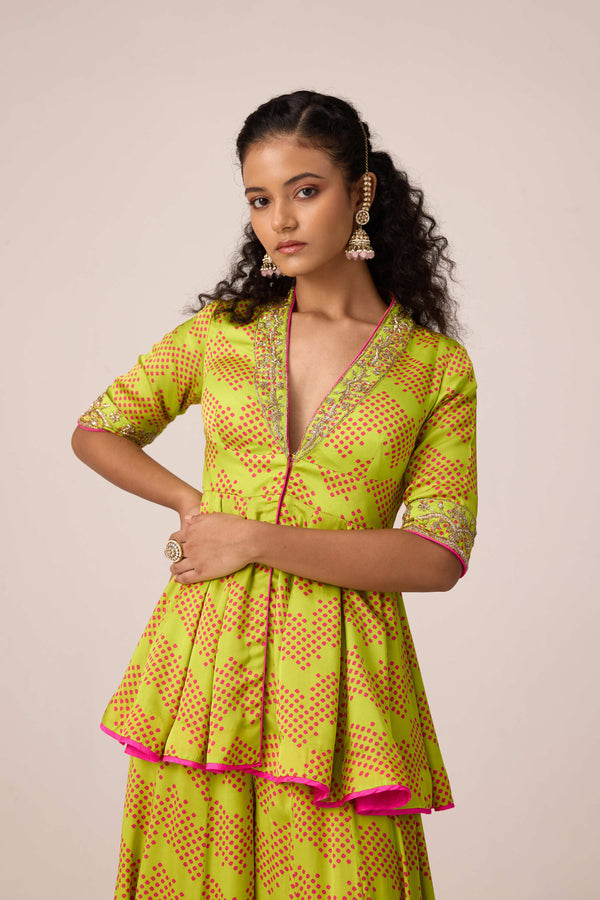 Bright green bandhni printed and embroidered top sharara set