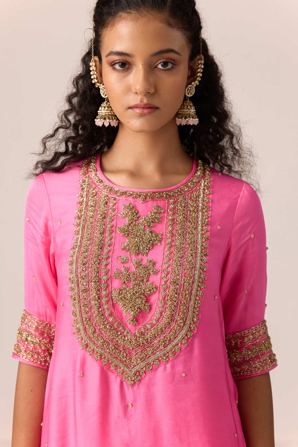 Coral pink embroidered kurta dhoti set