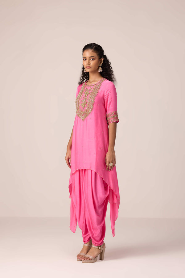 Coral pink embroidered kurta dhoti set
