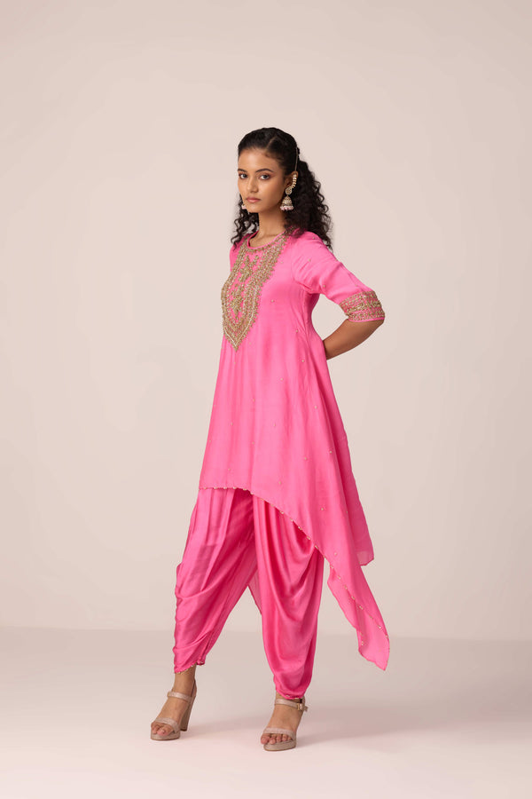 Coral pink embroidered kurta dhoti set