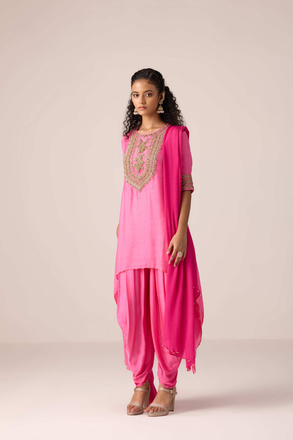 Coral pink embroidered kurta dhoti set