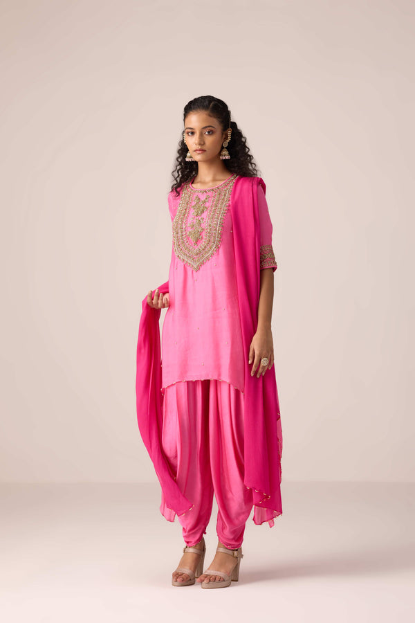 Coral pink embroidered kurta dhoti set