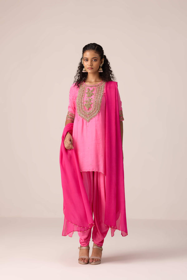 Coral pink embroidered kurta dhoti set