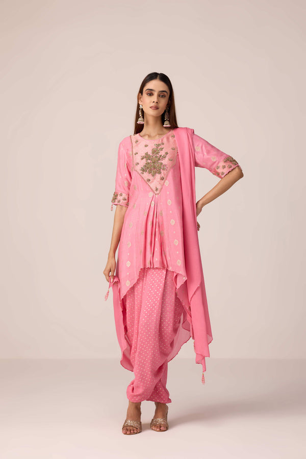 Coral pink embroidered kurta dhoti set