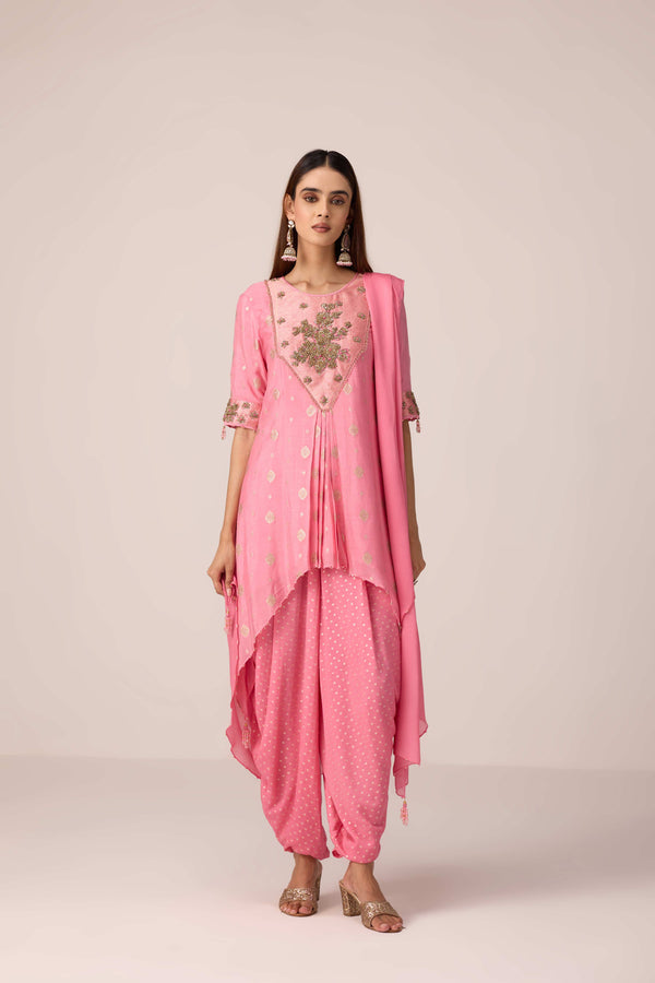 Coral pink embroidered kurta dhoti set