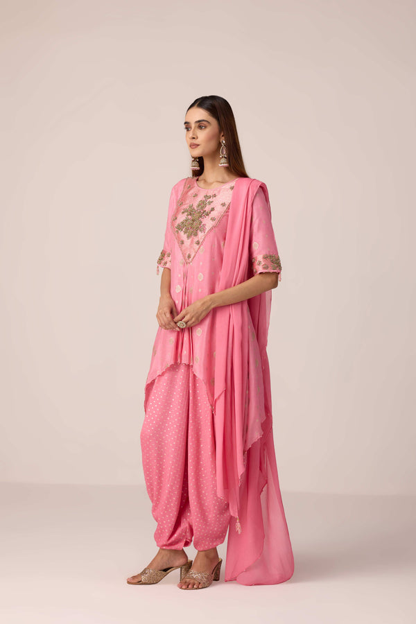 Coral pink embroidered kurta dhoti set