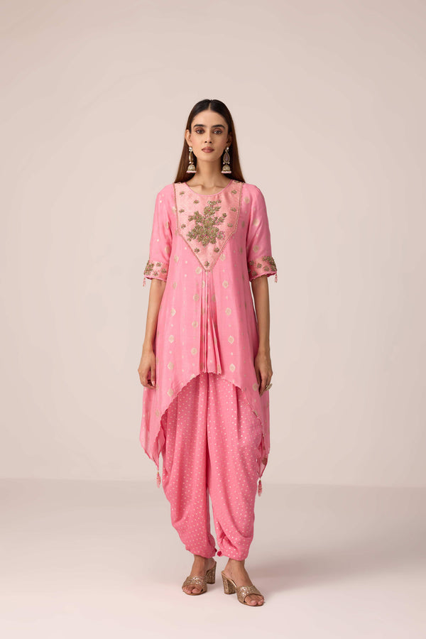 Coral pink embroidered kurta dhoti set