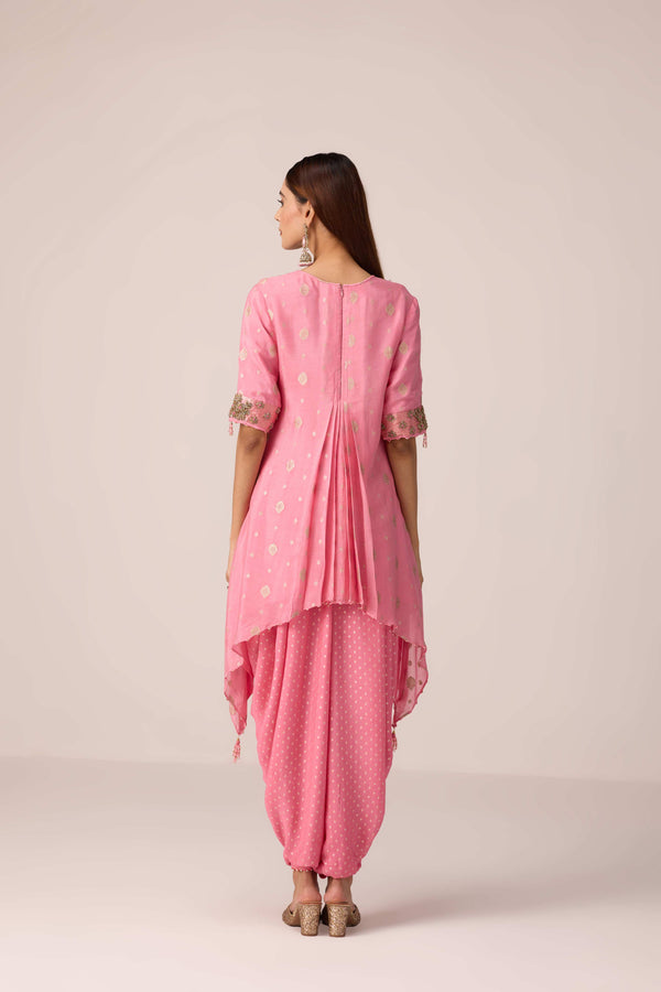 Coral pink embroidered kurta dhoti set