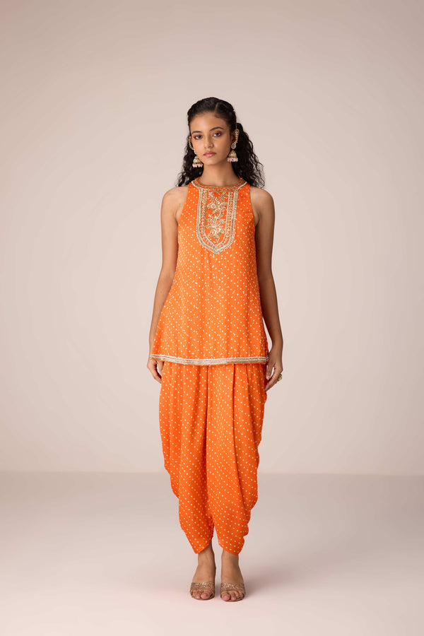 Mustard orange zardozi embroidered top dhoti set.