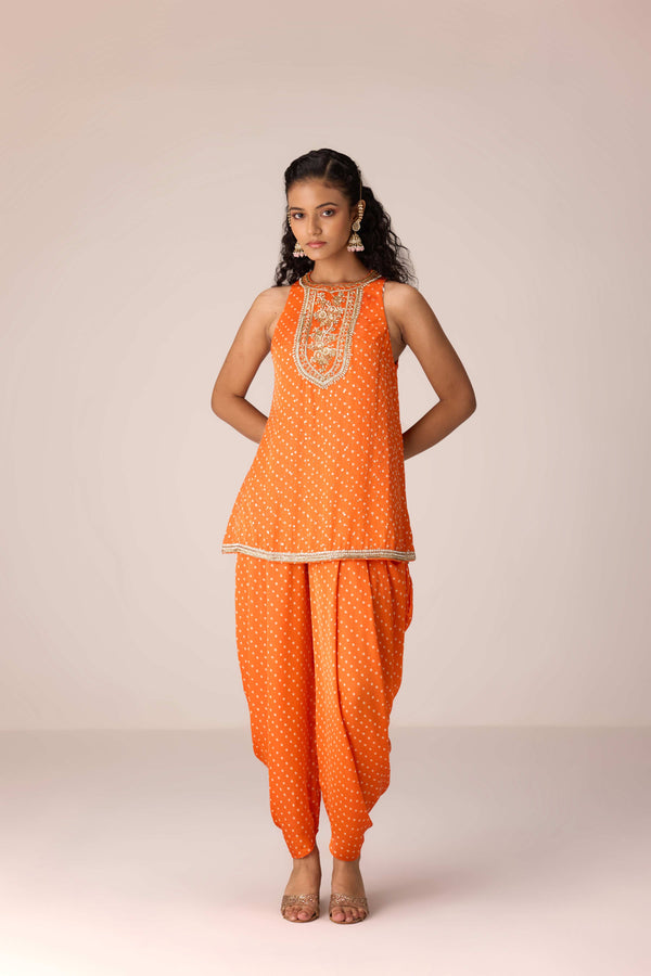 Mustard orange zardozi embroidered top dhoti set.