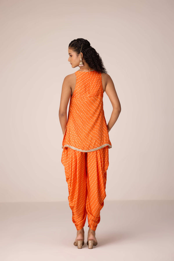Mustard orange zardozi embroidered top dhoti set.