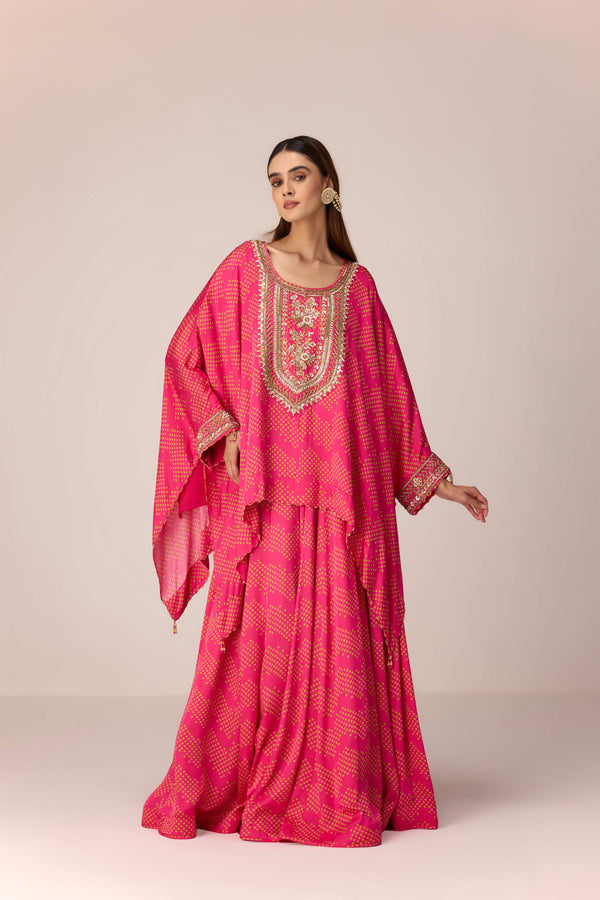 Pink green embroidered kaftan skirt set