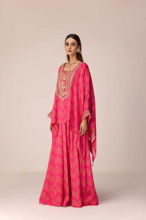 Pink green embroidered kaftan skirt set