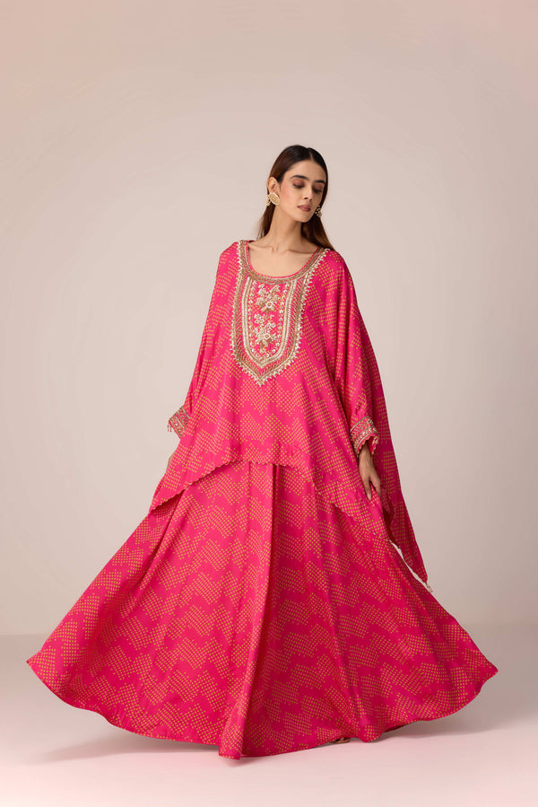 Pink green embroidered kaftan skirt set