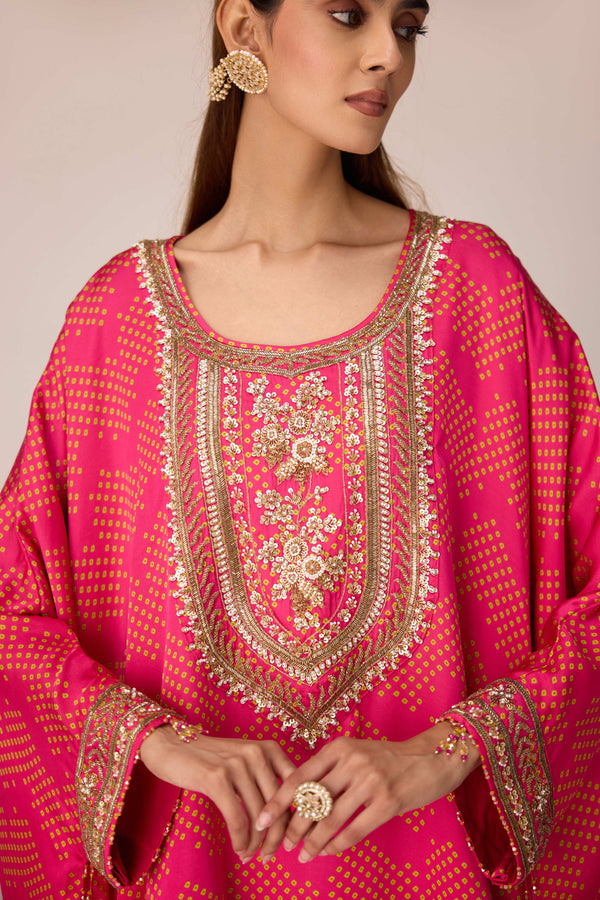 Pink green embroidered kaftan skirt set