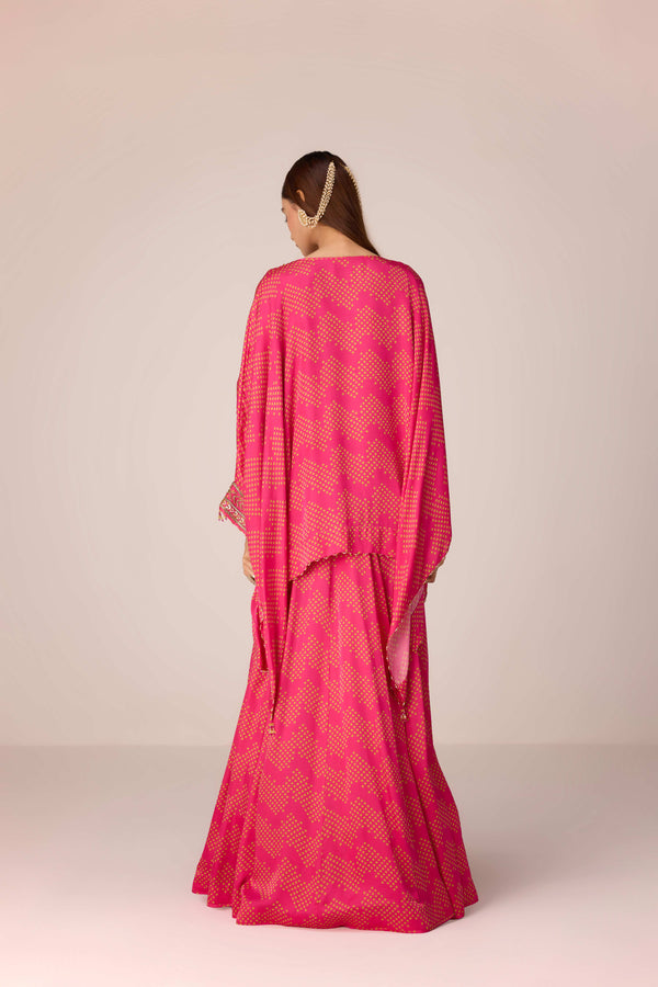 Pink green embroidered kaftan skirt set