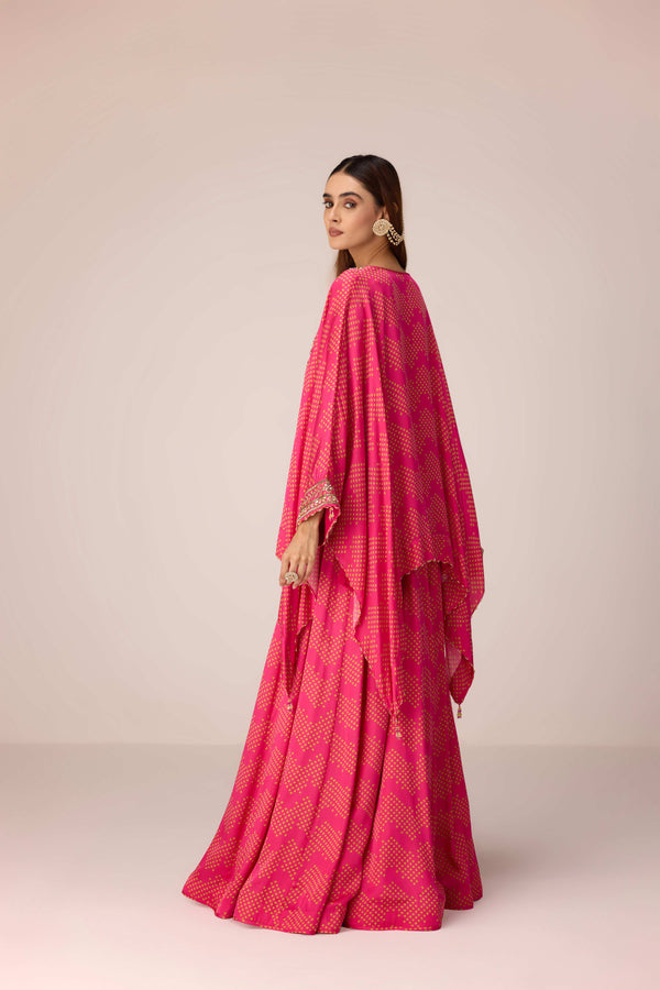 Pink green embroidered kaftan skirt set