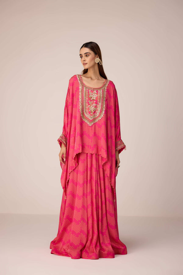 Pink green embroidered kaftan skirt set