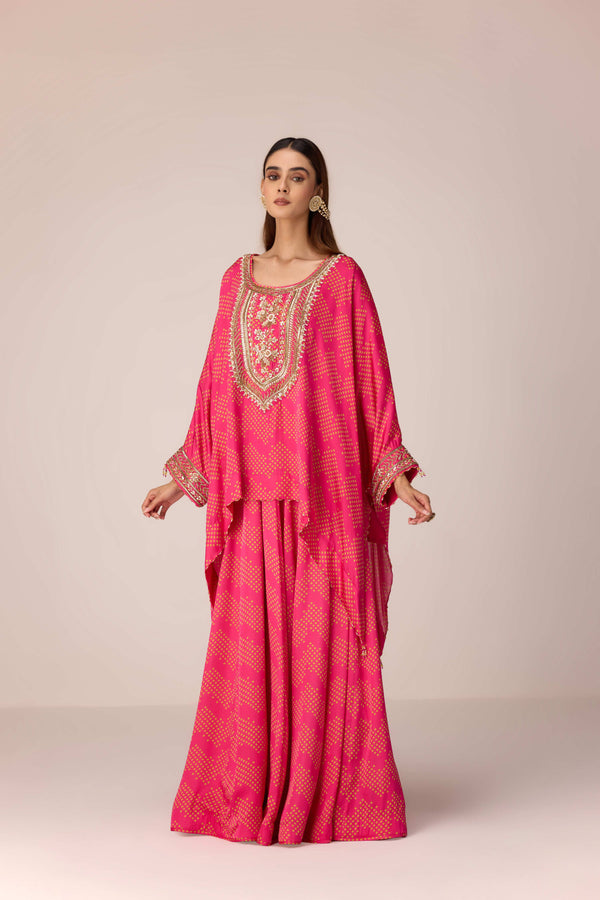 Pink green embroidered kaftan skirt set