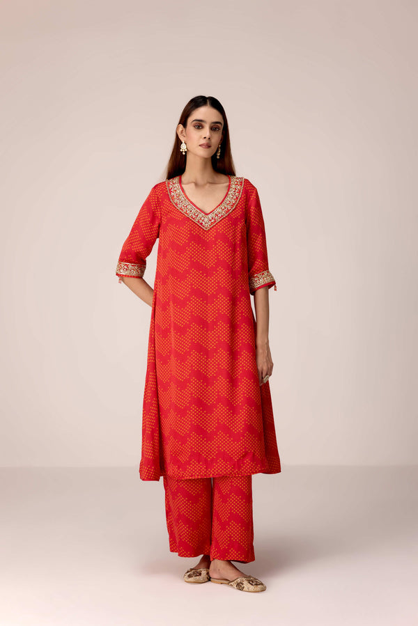 Maroon printed and embroidered kurta pants set