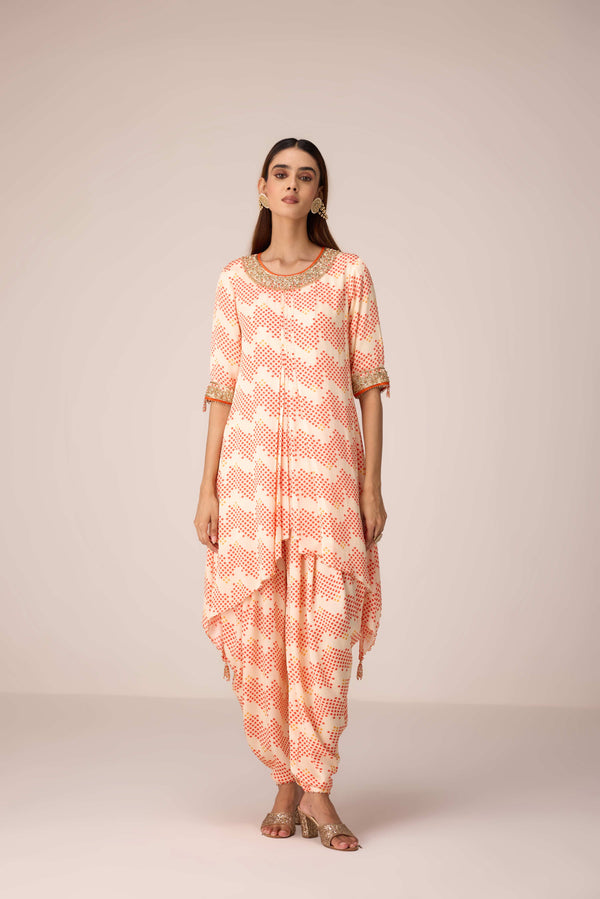 Ivory printed and embroidered kurta dhoti set