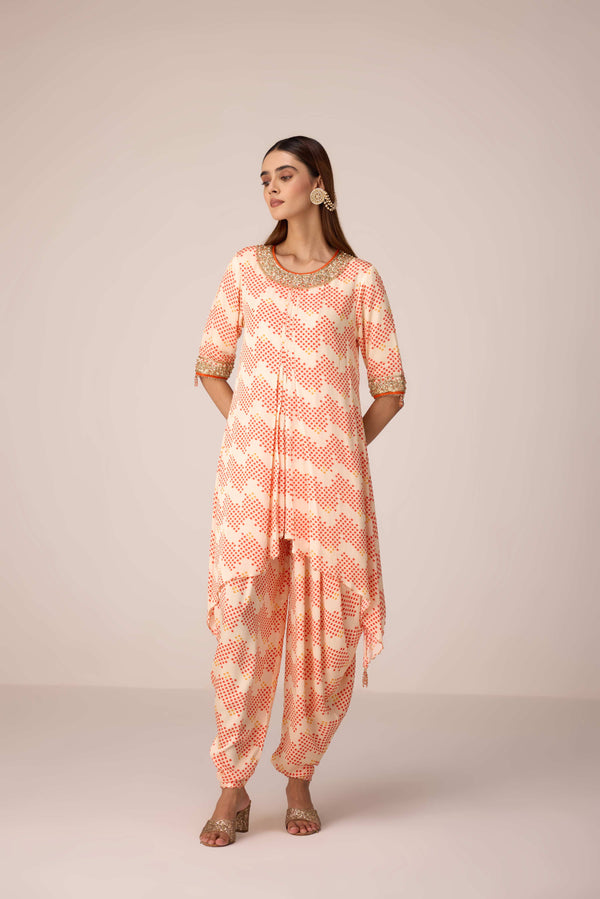 Ivory printed and embroidered kurta dhoti set