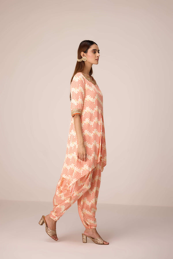 Ivory printed and embroidered kurta dhoti set
