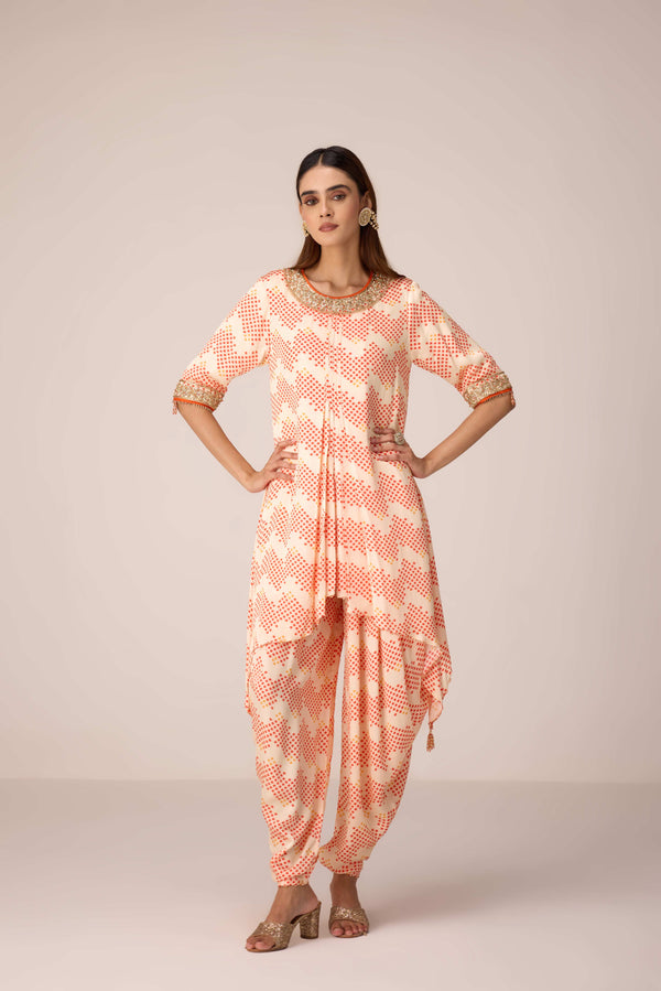 Ivory printed and embroidered kurta dhoti set