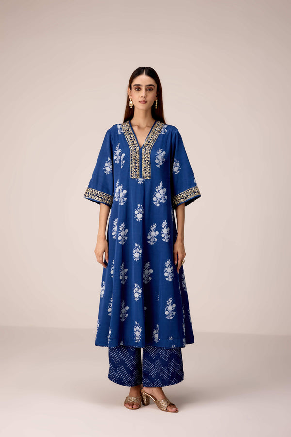 Indigo blue printed and embroidered kurta pants set