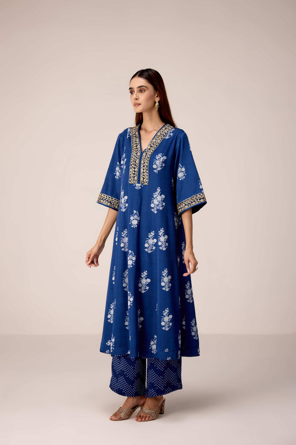 Indigo blue printed and embroidered kurta pants set