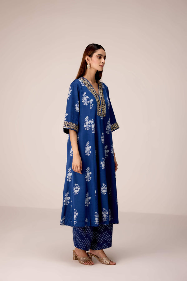 Indigo blue printed and embroidered kurta pants set