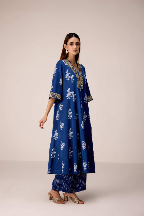 Indigo blue printed and embroidered kurta pants set