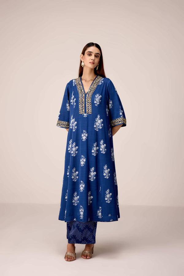 Indigo blue printed and embroidered kurta pants set