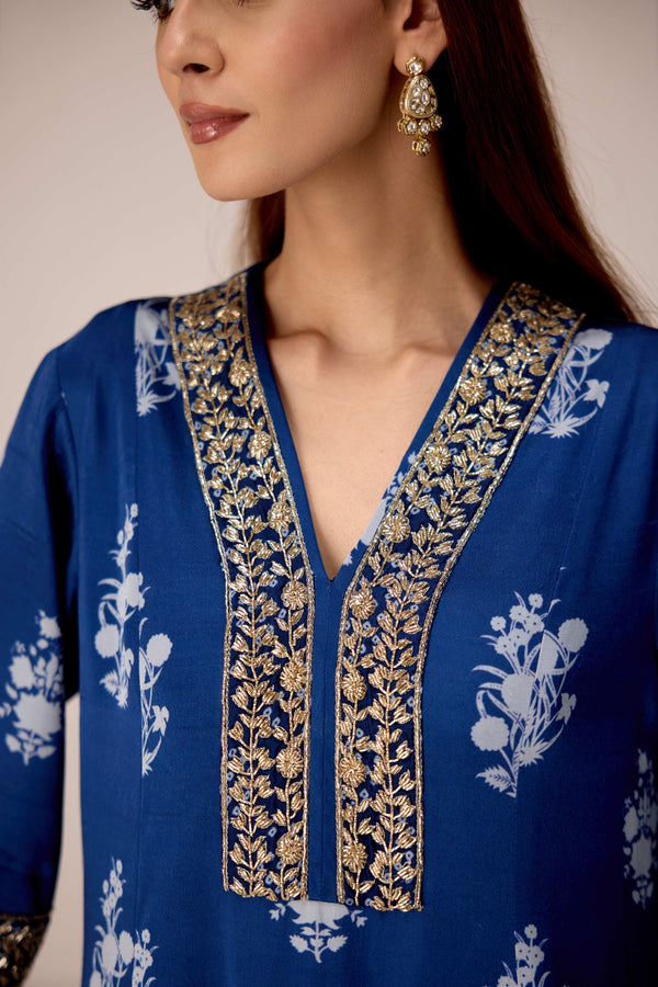 Indigo blue printed and embroidered kurta pants set