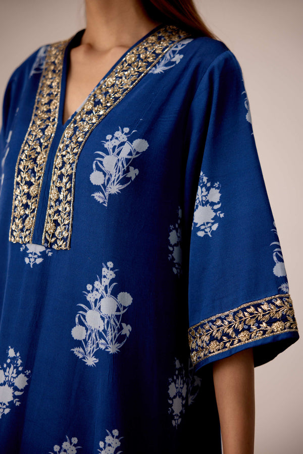 Indigo blue printed and embroidered kurta pants set