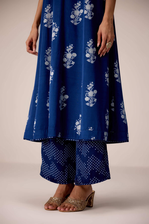 Indigo blue printed and embroidered kurta pants set