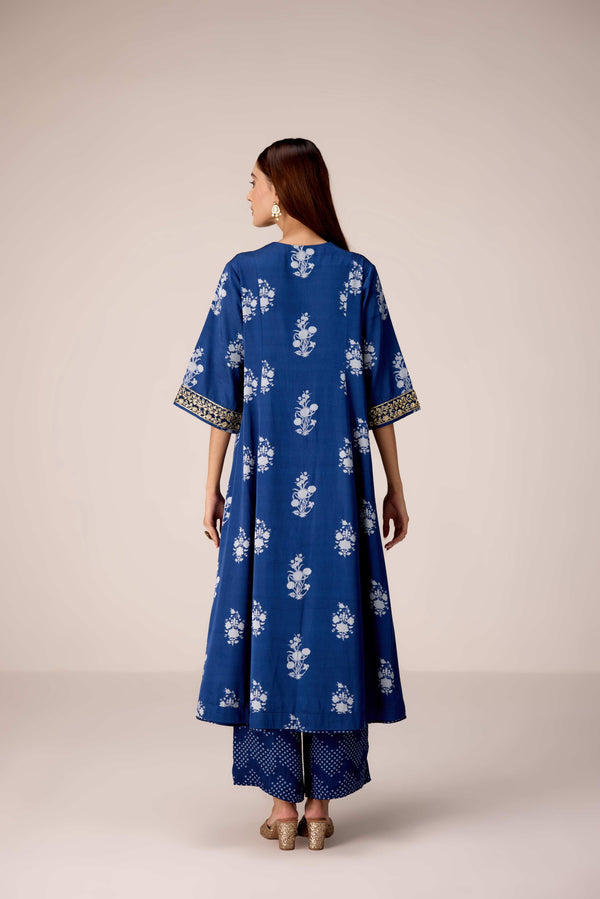 Indigo blue printed and embroidered kurta pants set