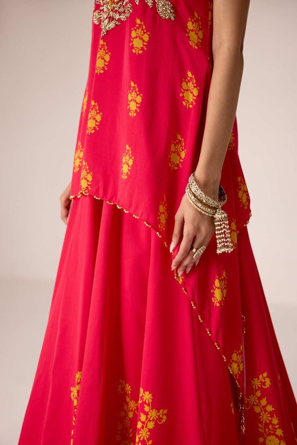 Pink printed and embroidered top skirt set
