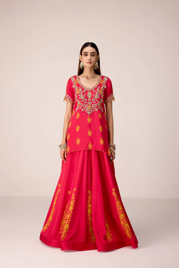 Pink printed and embroidered top skirt set