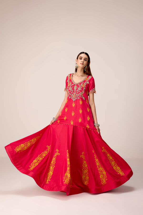 Pink printed and embroidered top skirt set