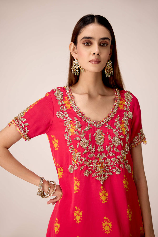 Pink printed and embroidered top skirt set