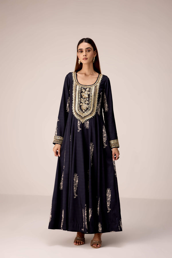 Carbon black printed and embroidered kurta pants set