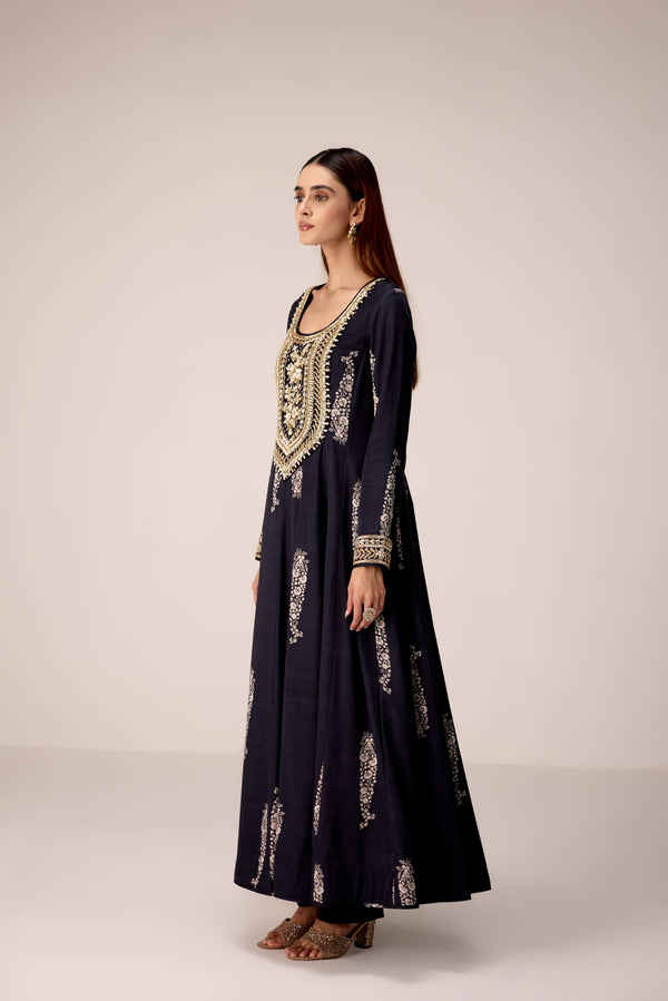 Carbon black printed and embroidered kurta pants set