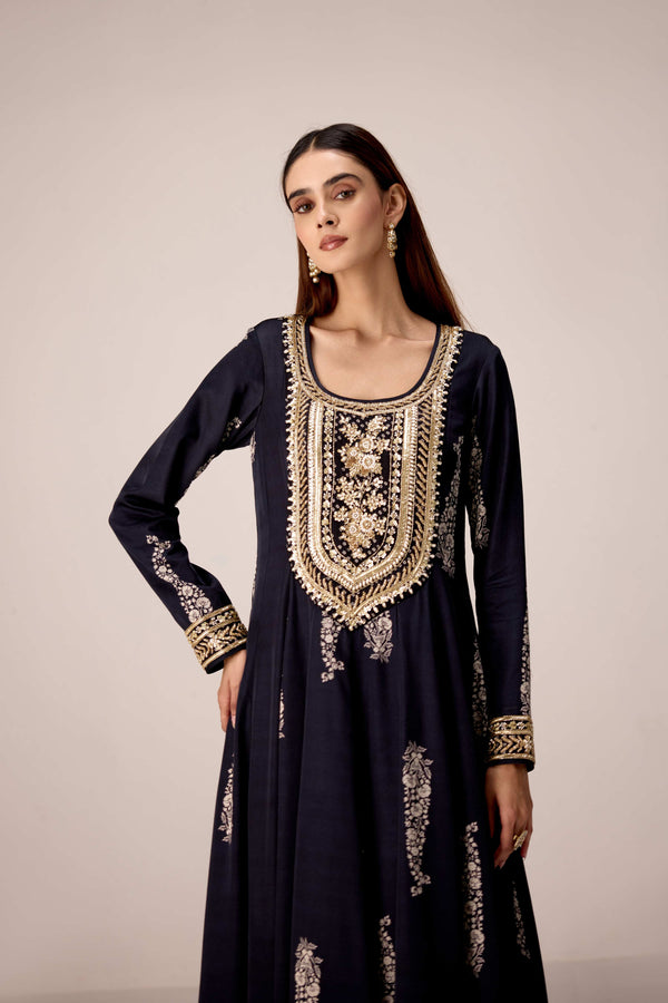 Carbon black printed and embroidered kurta pants set