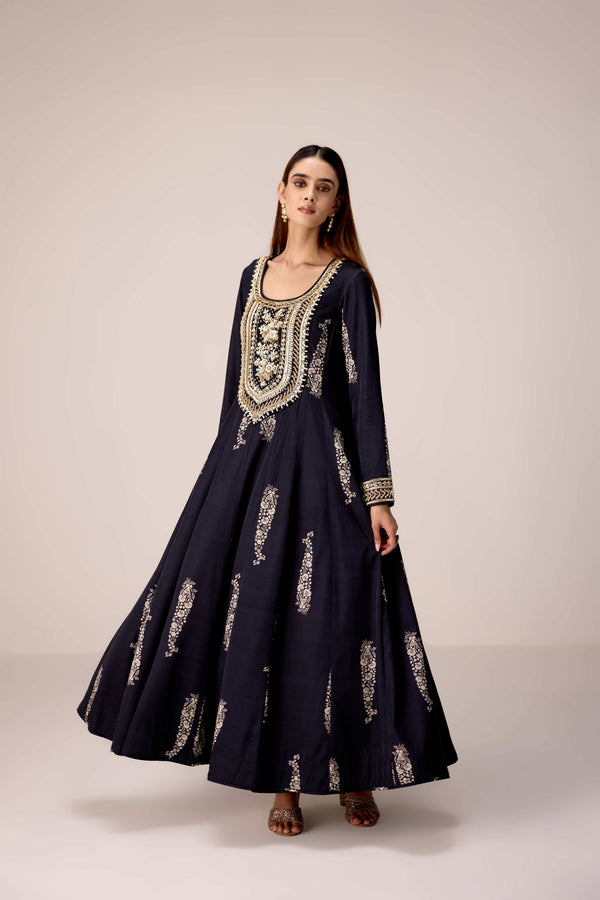 Carbon black printed and embroidered kurta pants set