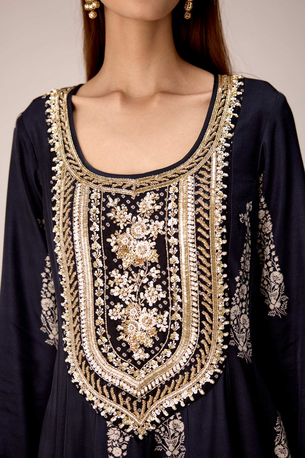 Carbon black printed and embroidered kurta pants set