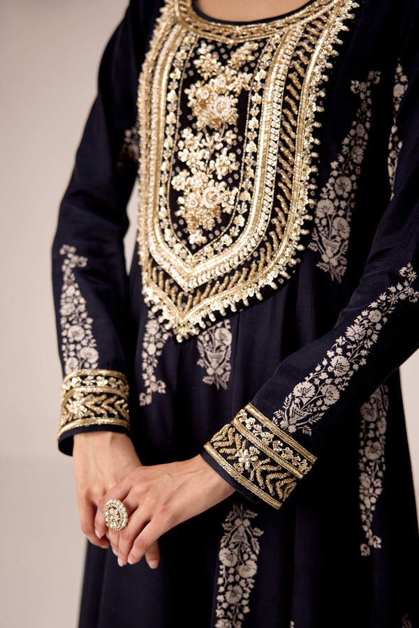 Carbon black printed and embroidered kurta pants set